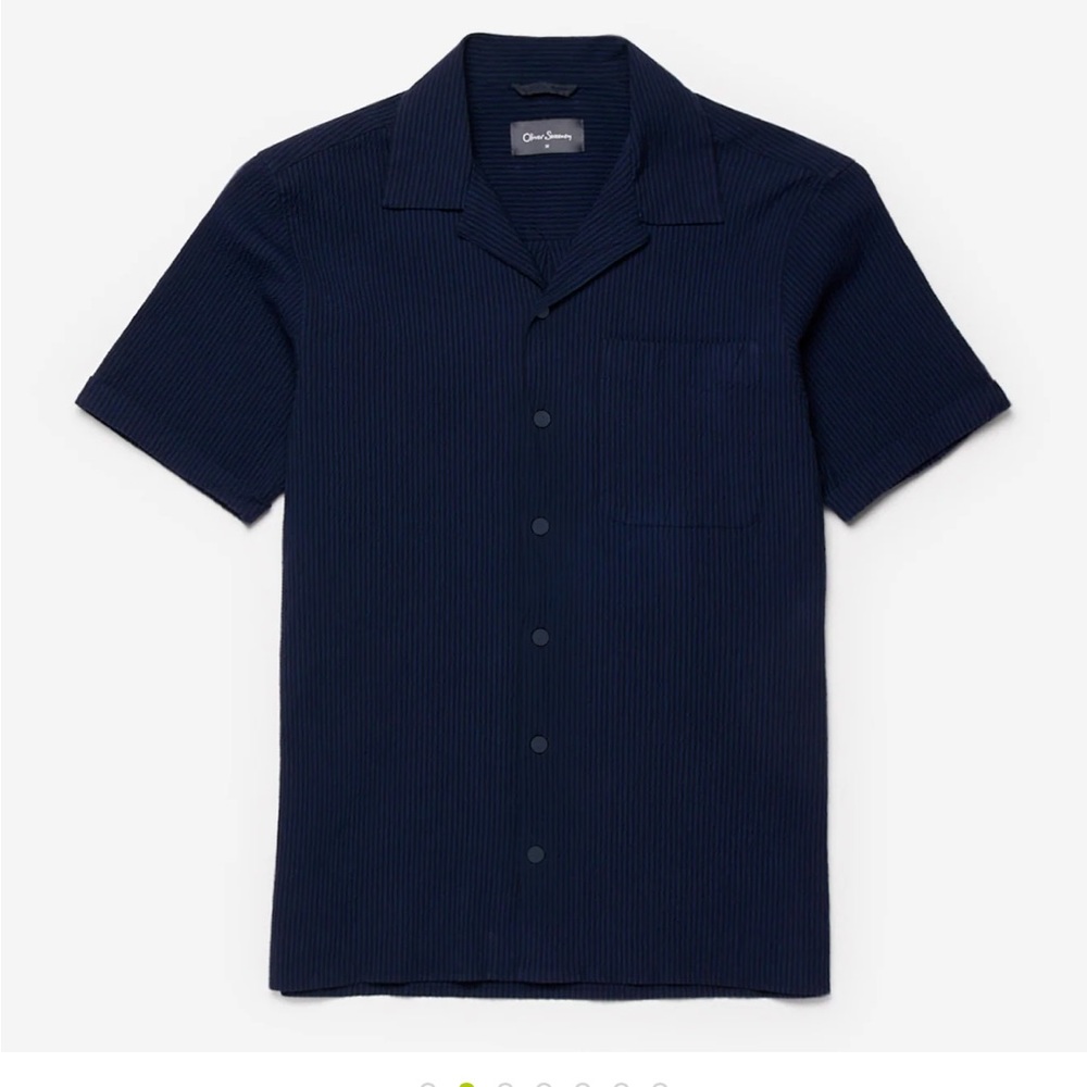 Oliver Sweeney, Ravenshead Navy Stripe. Cotton Seersucker Short Sleeved Shirt M